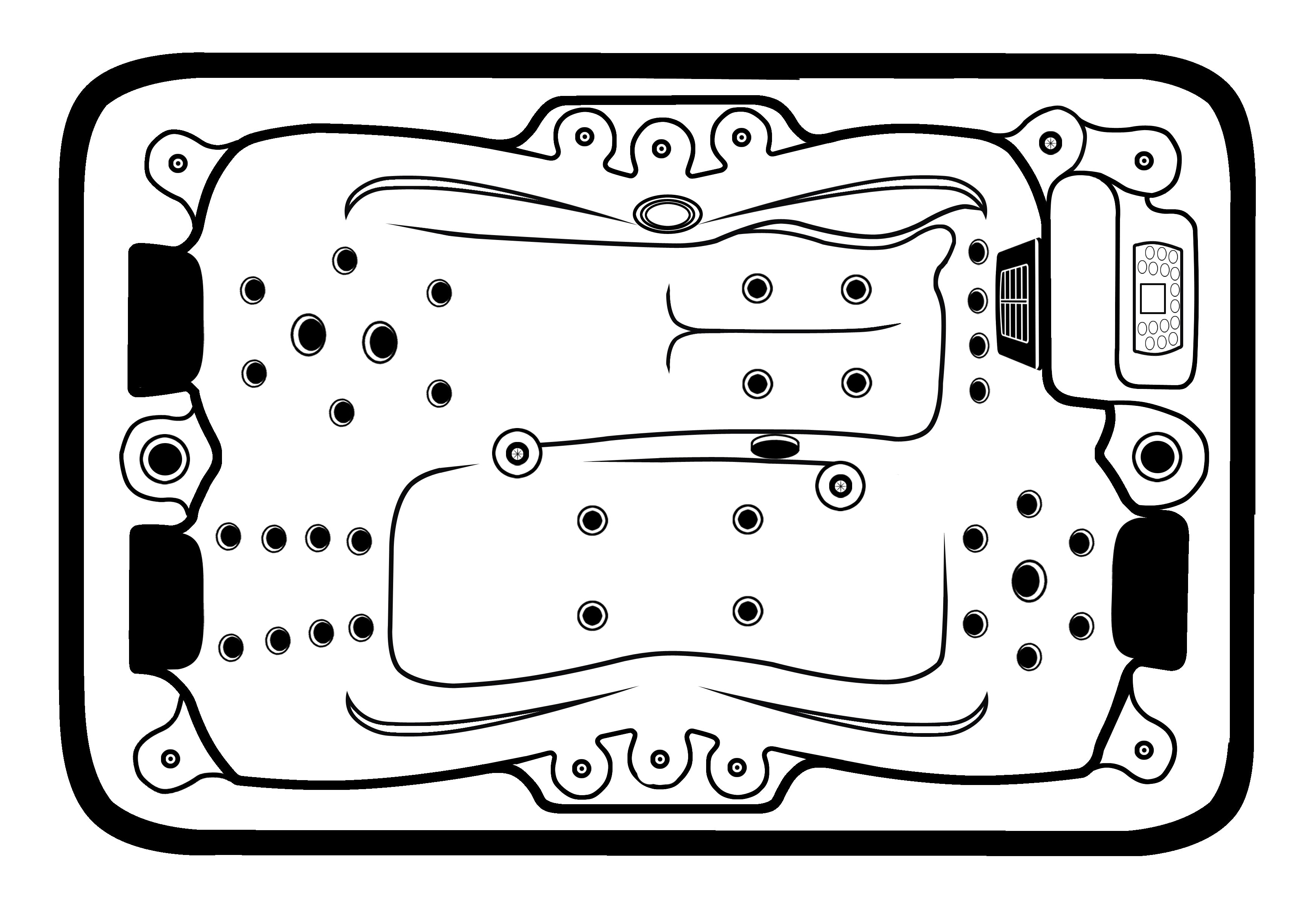 Sanotechnik Whirlpool MODENA - Ansicht von oben - Skizze mit Düsen, Sitzflächen, Bedienelement