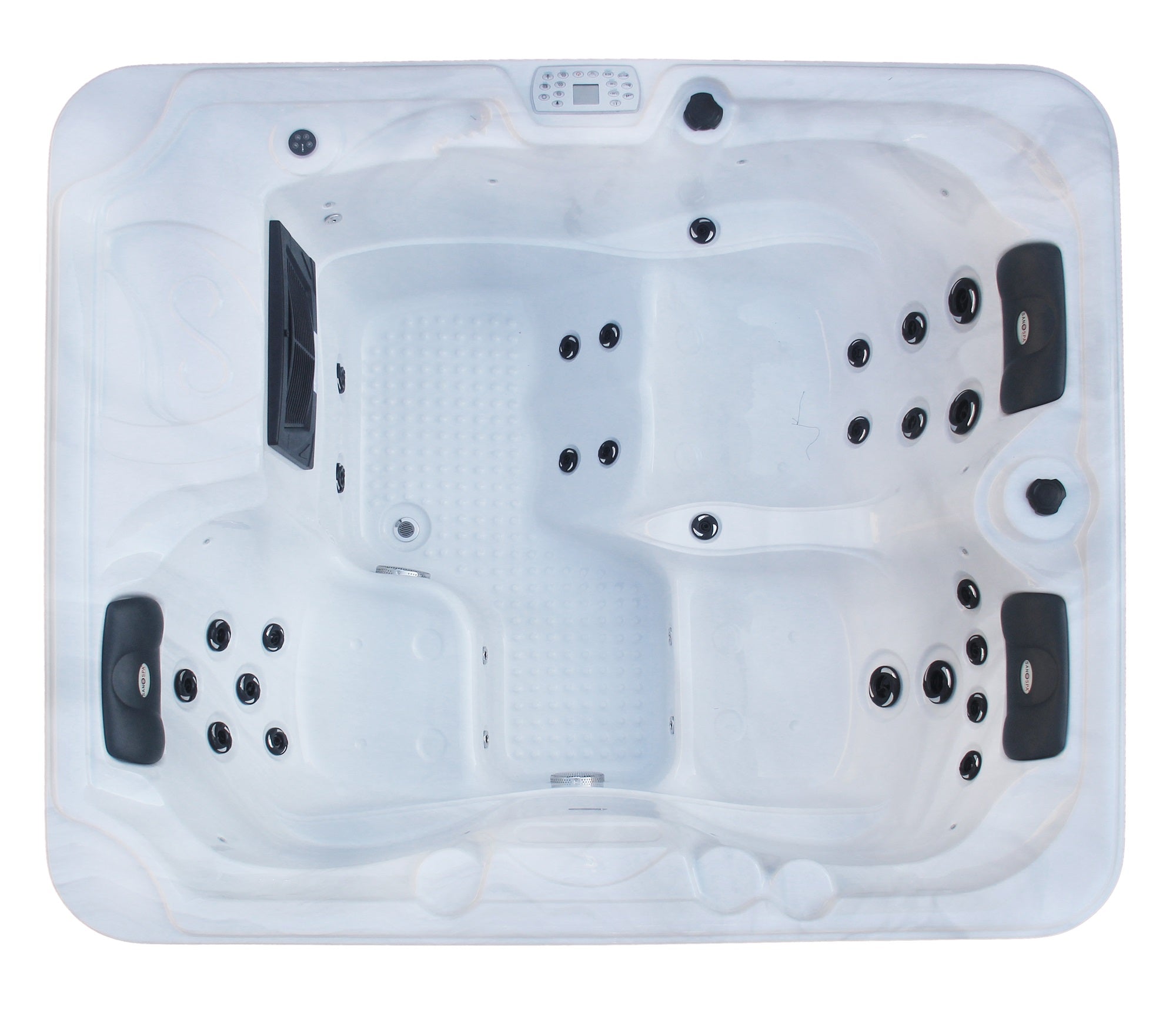 Sanotechnik Outdoor Whirlpool OASIS - Weiß - Ansicht von oben - 30 Massagedüsen für 3 Personen, Radio, Lautsprecher, Bluetooth, LED Beleuchtung